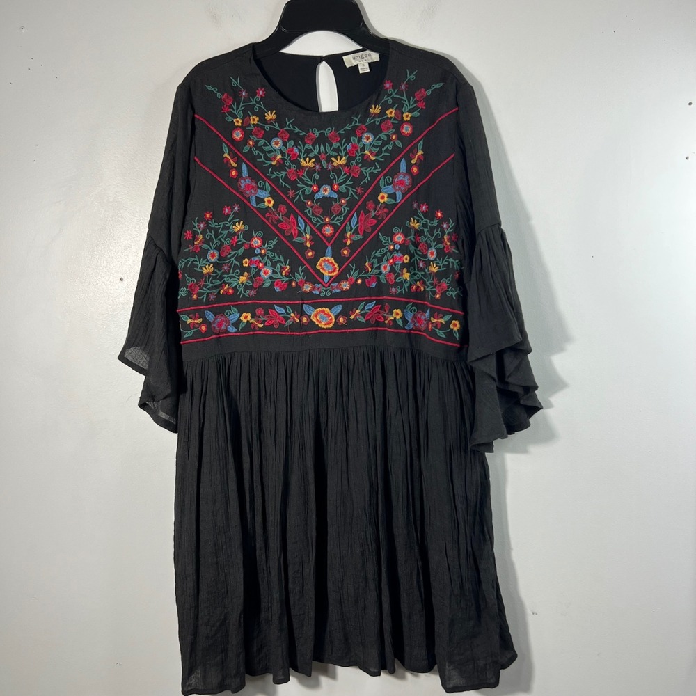 Umgee‎ Black Floral Embroidered Boho Babydoll Dress Tiered Bell Sleeve Medium